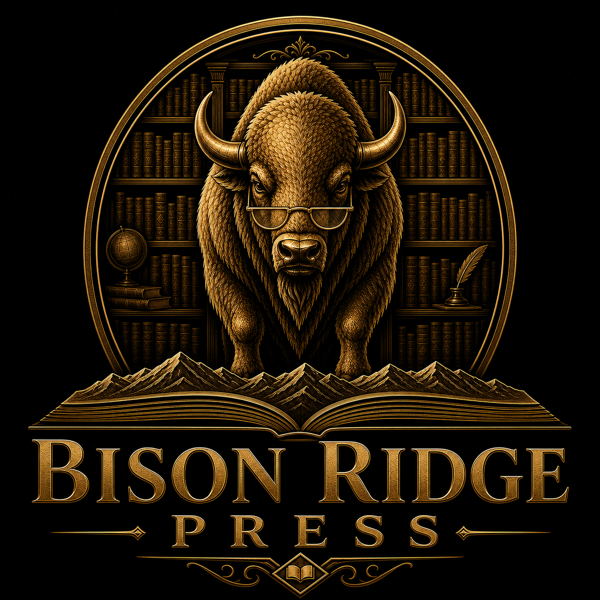 Bison Ridge Press logo — a golden bison with reading glasses standing over an open book