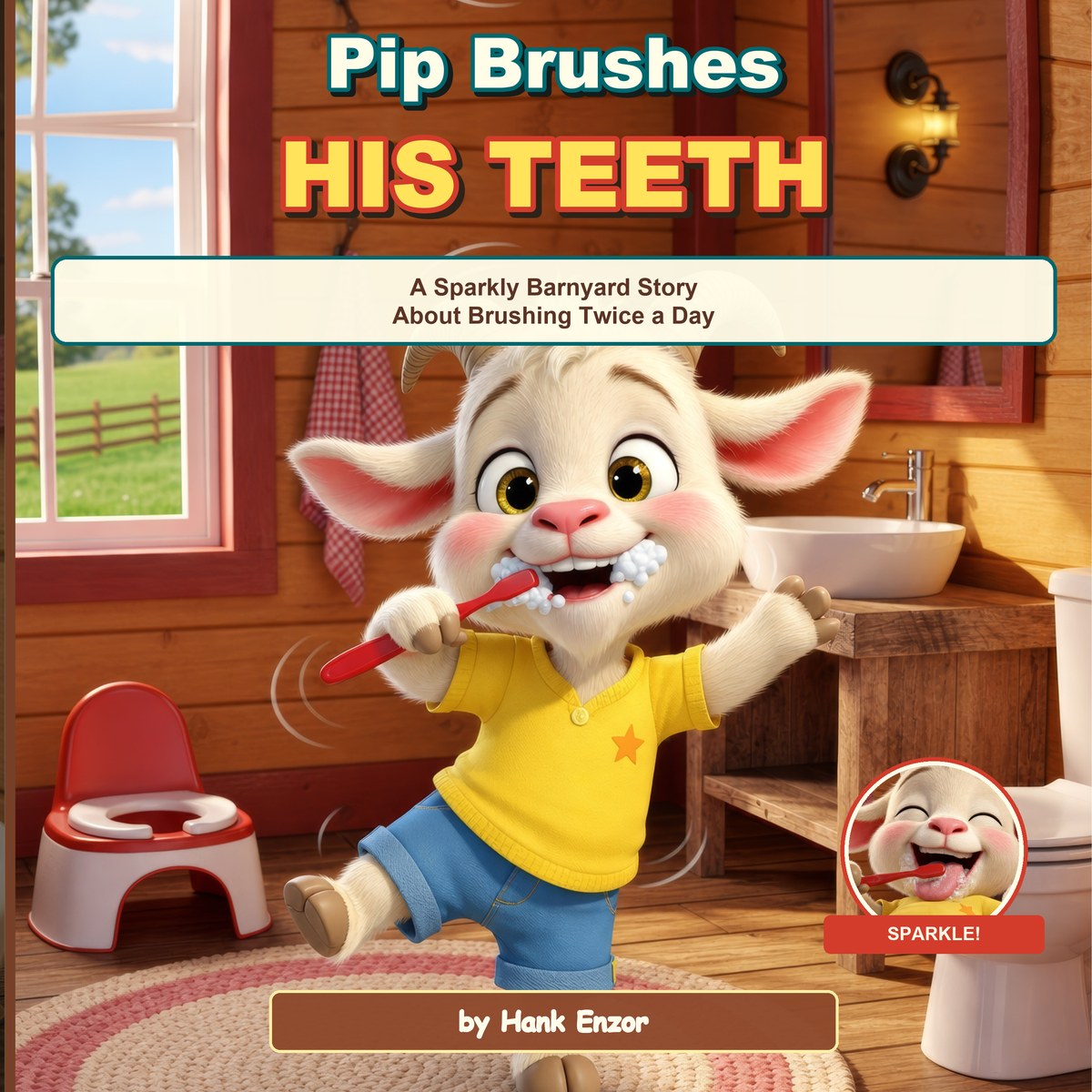 Pip Brushes His Teeth cover — Pip the goat happily brushing with a little red toothbrush