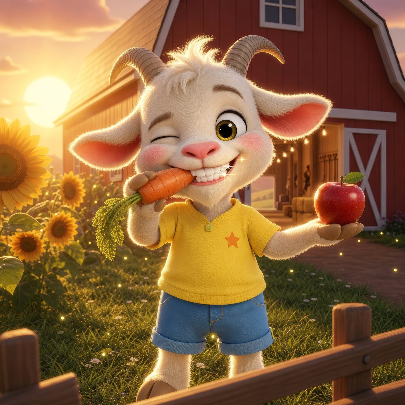 Pip crunching a carrot with strong sparkly teeth by the sunflowers