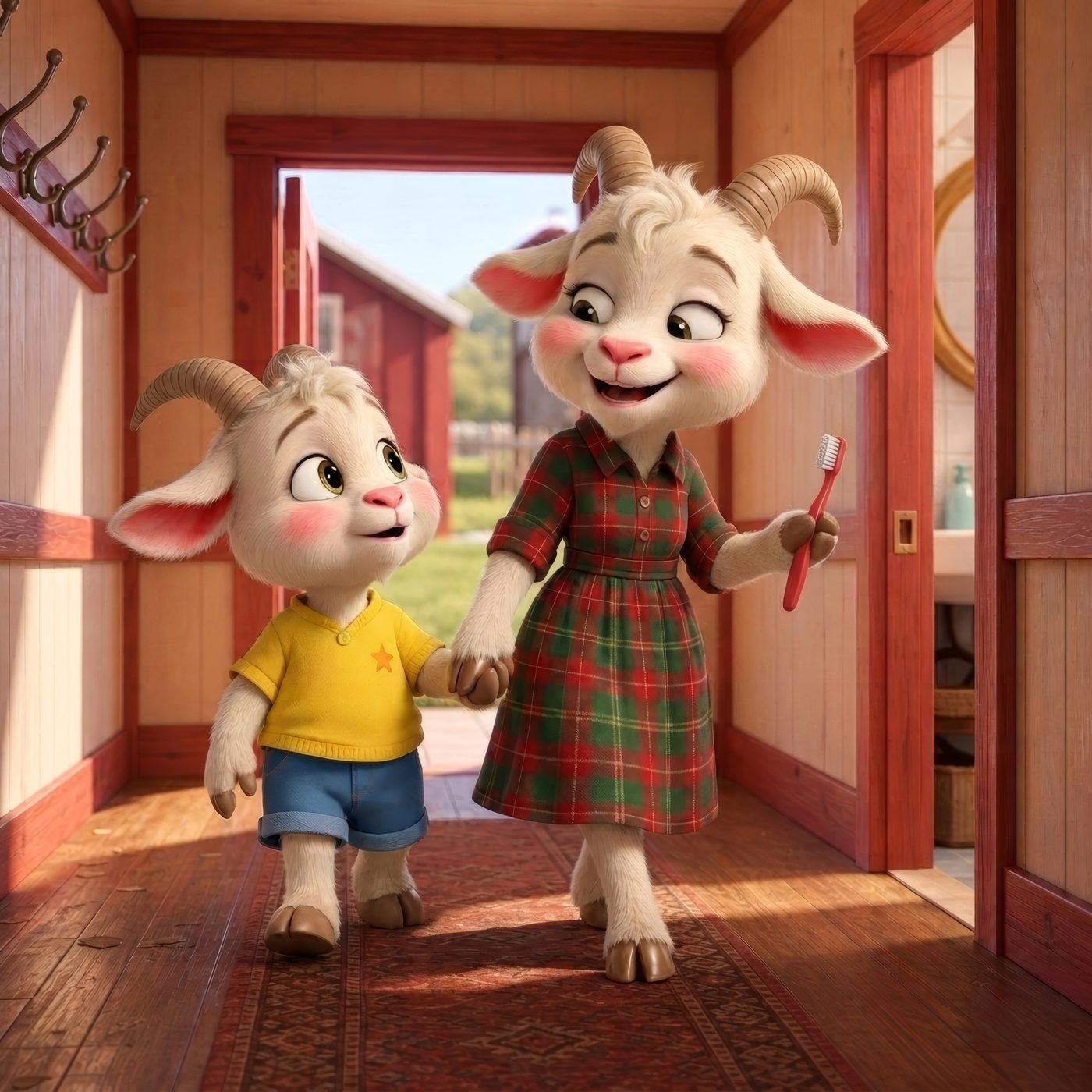 Mama goat leading Pip down the hall holding a little red toothbrush