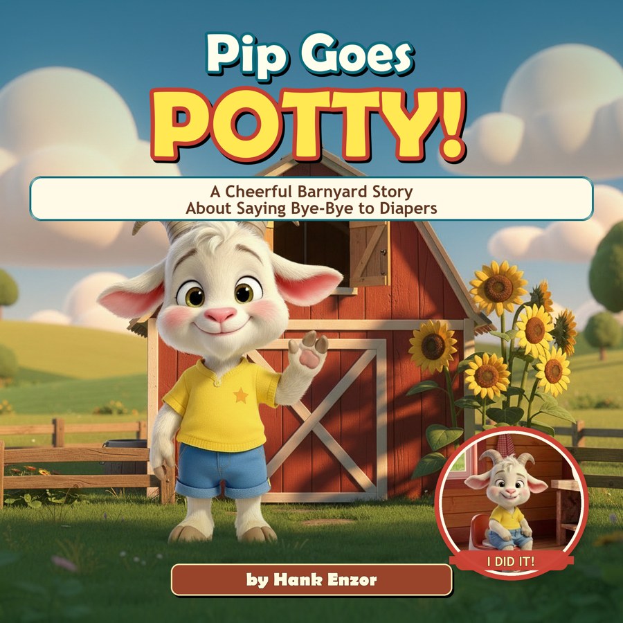 Pip Goes Potty! book cover — a cheerful cartoon goat in a yellow shirt waving in front of a red barn