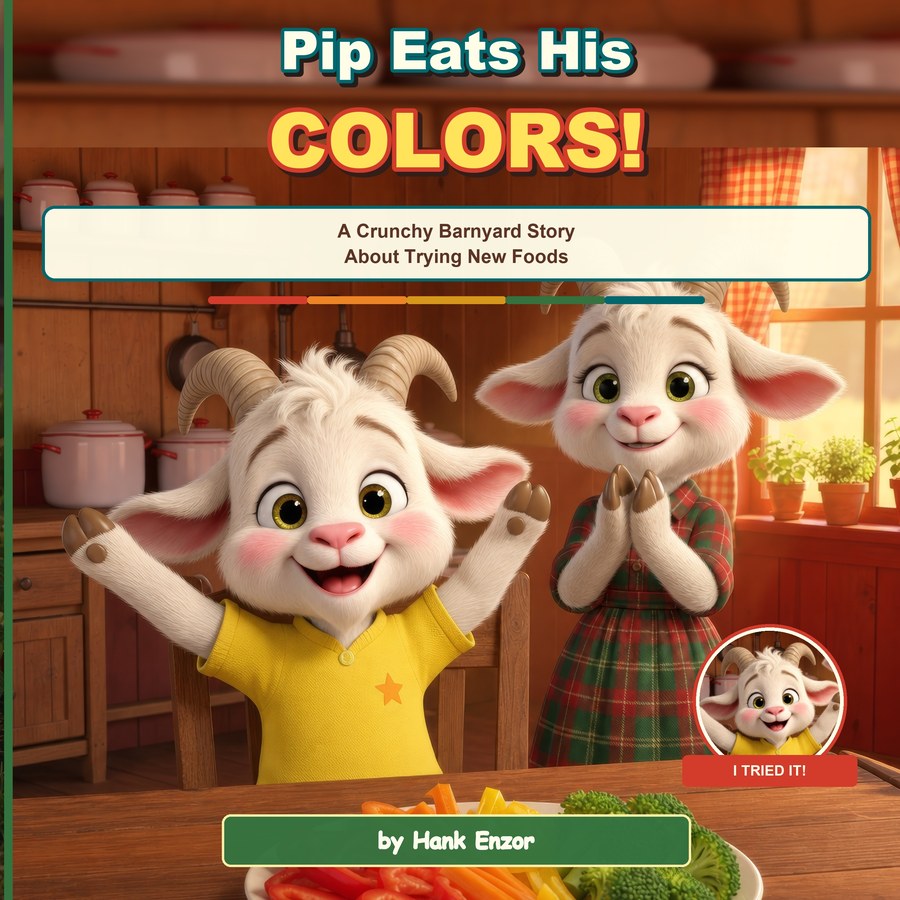 Pip Eats His Colors cover — Pip the goat cheering over a rainbow plate of vegetables