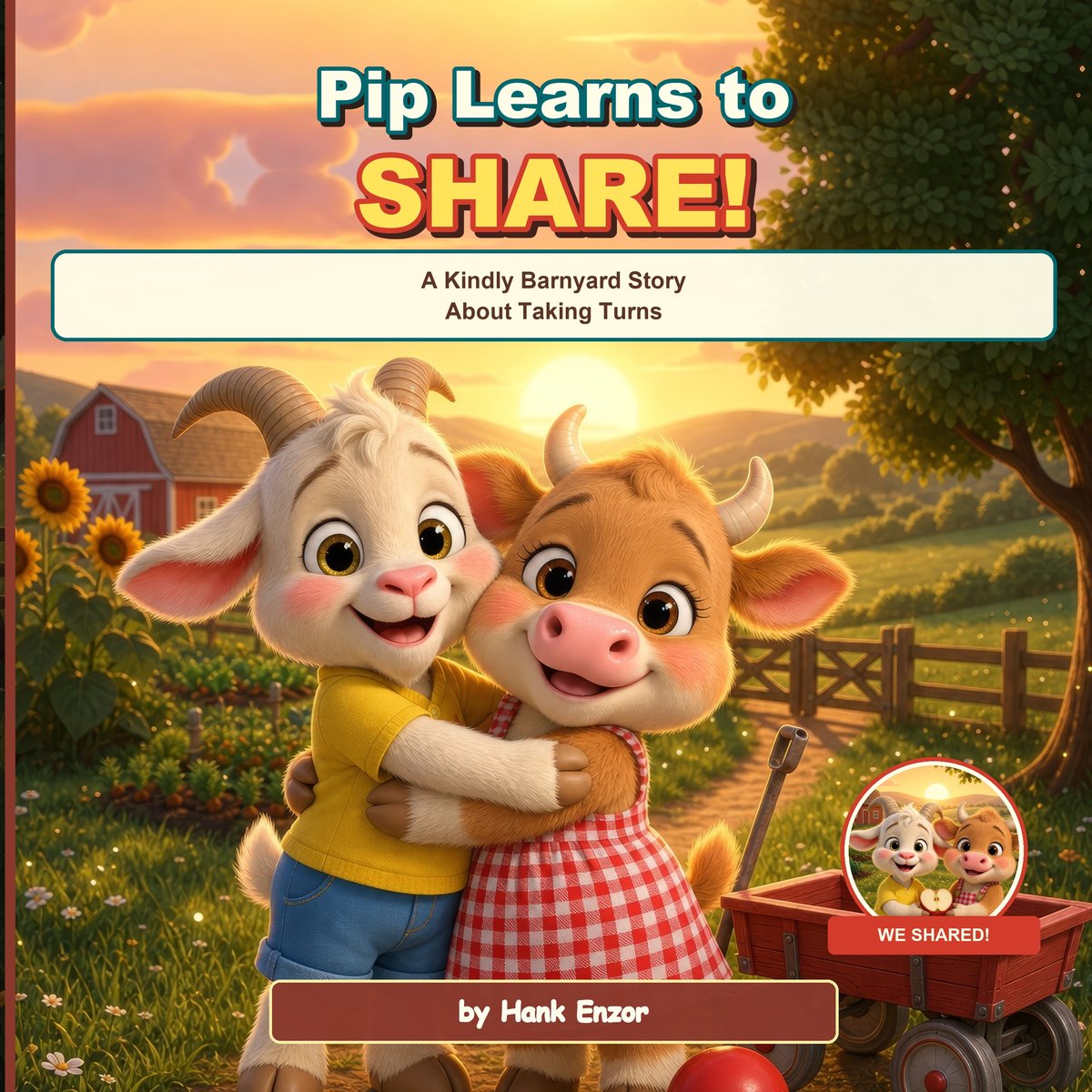 Pip Learns to Share cover — Pip the goat hugging Daisy the calf at sunset beside a little red wagon