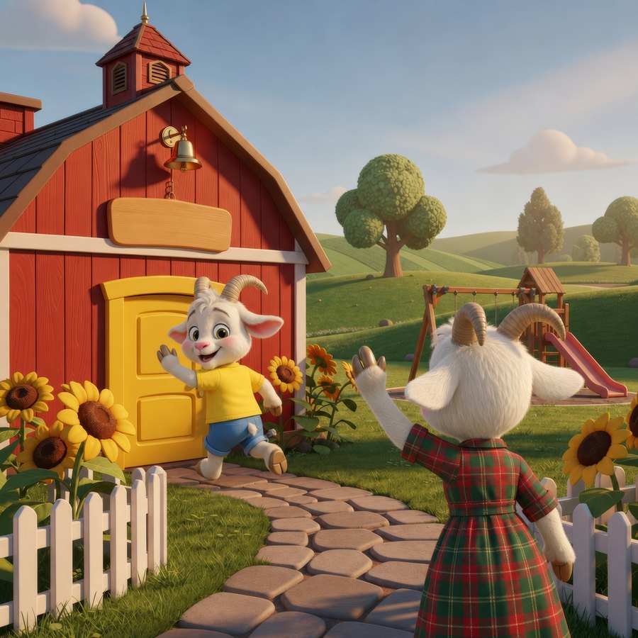 Pip Says Goodbye cover — Pip dashing through the yellow door of the Little Sprouts barn school