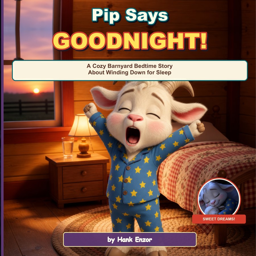 Pip Says Goodnight cover — Pip cozy at bedtime under a moonlit barn