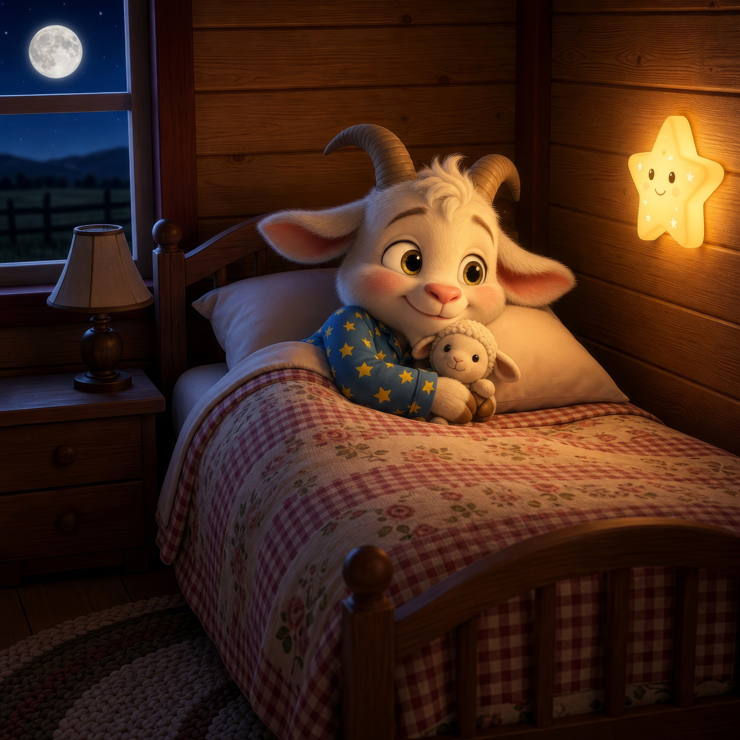 Pip tucked in with a warm star-shaped nightlight glow