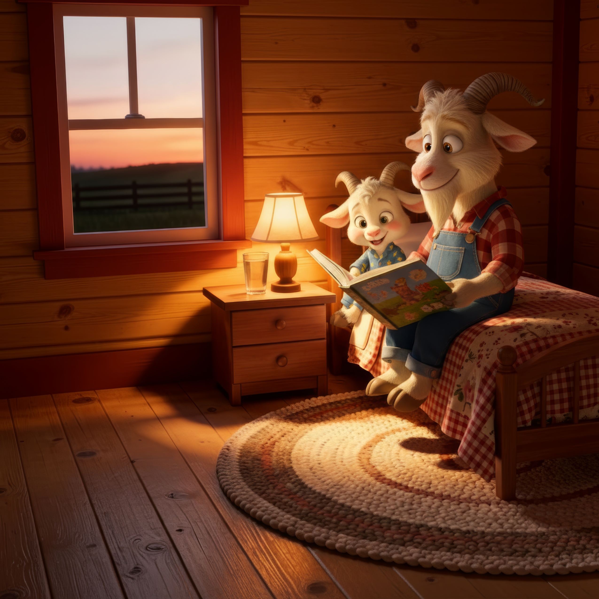Papa goat reading Pip a bedtime story under the quilt