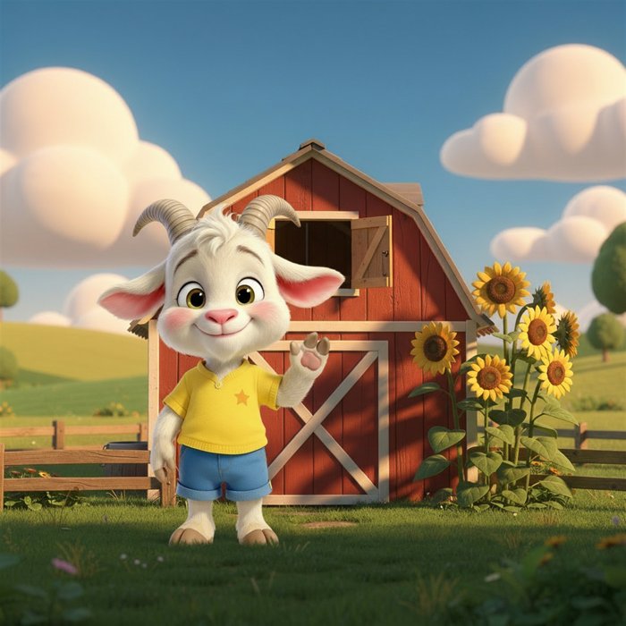 Pip the goat waving outside a cozy red barn