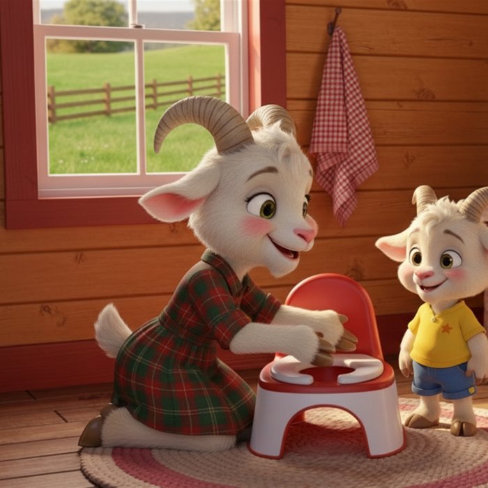 Mama goat showing Pip his new little red potty