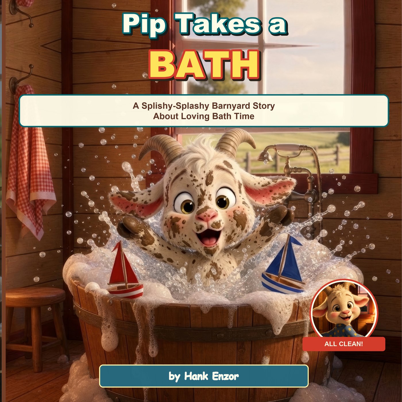 Pip Takes a Bath cover — Pip the goat splashing in a wooden tub full of bubbles