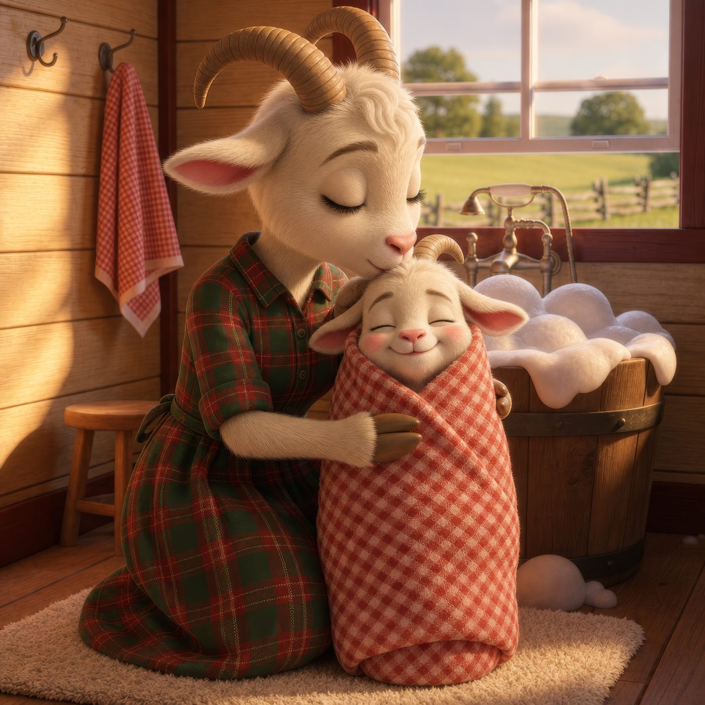 Pip wrapped up snug in a towel burrito getting a kiss from Mama goat