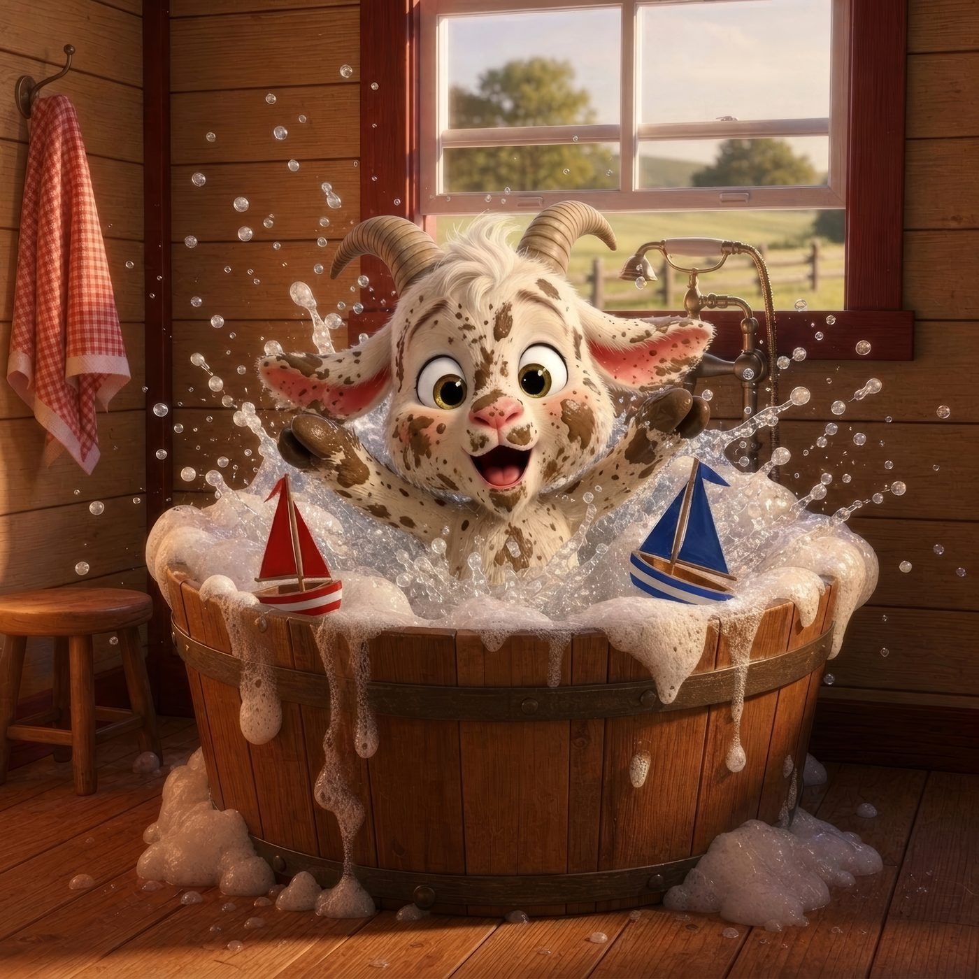 Pip splashing kerplunk into a wooden tub full of bubbles and toy sailboats