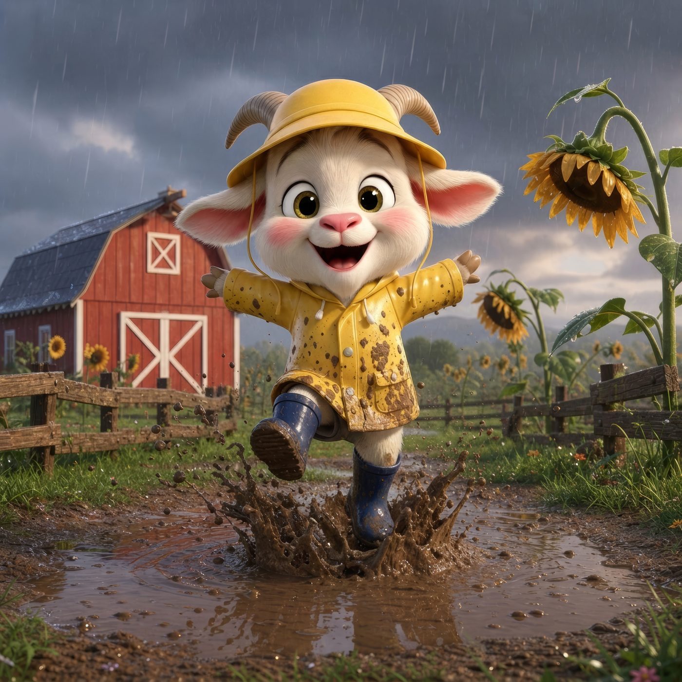 Pip in a yellow raincoat leaping into a muddy puddle by the red barn