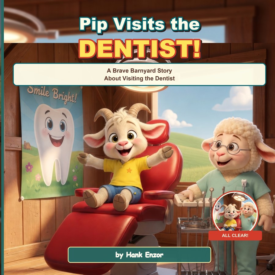 Pip Visits the Dentist cover — Pip in a red dental chair with Dr. Fern